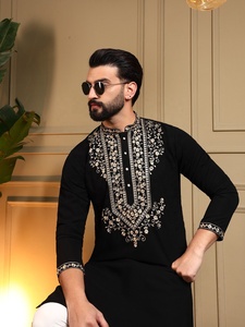 <b>Men</b> Black Embroidered <b>Kurta</b> With White Pajama Regular Fit Traditional Indian Pakistani Wedding Wear For All Seasons - Product Image 6