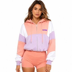 Customized Women's Oversized Color Block <b>Cropped</b> <b>Zip</b>-<b>Up</b> Hoodies Multi-Tone Patchwork Hooded Sweatshirt Y2K Hip Hop OEM 100% - Product Image 1