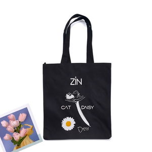 Borsa in tessuto stampato nero ZiN 32x37 cm, borsa per cosmetici con design gatto, margherita e orologio - Product Image 1