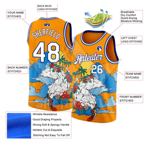 Maillot de basket-ball personnalisé pour hommes, blanc et bleu, imprimé palmier, sans manches, respirant, vêtements de sport pour équipe Anteater - Product Image 3