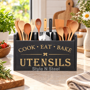Rustic Wooden Kitchen <b>Utensil</b> Holder 4 Compartment <b>Organizer</b> with Detachable Partitions Countertop Storage 30cm - Product Image 2