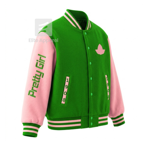 Custom Alpha Kapa Alpha Sorority Racing jacket embroidered logo green & pink letterman Style for female with polyester lining - Product Image 2