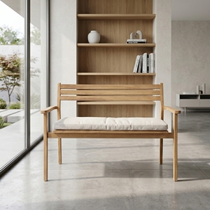 wholesale modern minimalist teak wood garden <b>bench</b> outdoor patio two seater wooden sofa seating with white <b>cushion</b> furniture set - Product Image 3