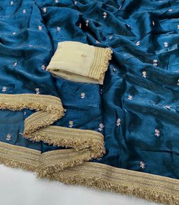 Sari en soie Sadika Fendy Space avec broderie de sequins et bordure en dentelle à franges dorées fantaisie |   Sari de fête élégant |   Festival Wea - Product Image 4