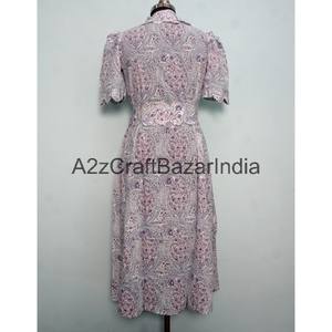 Vestido Midi de Algodón 100% Tejido a Mano en India, con Estampado Floral, Cuello en V, Mangas Cortas y Decoración de Botones, Nuevo Diseño Hermoso - Product Image 6