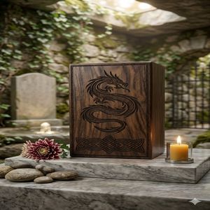 Wooden Cremation Urn Human Ashes <b>Keepsake</b> <b>Box</b> with Lid Carved Dragon Memorial Burial Container - Product Image 3