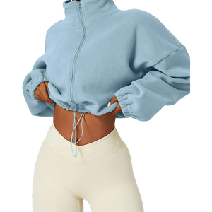Chaqueta Corta de Forro Polar Azul Claro para Mujer, Cuello Alto, Hombros Caídos, Manga Larga, Estilo Oversize, Cierre Frontal con Cremallera, Color Sólido, OEM - Product Image 5