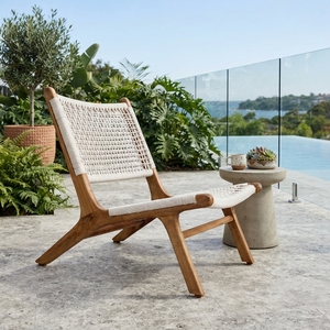 Chaise de jardin d'extérieur grise avec structure en métal blanc, chaise papillon en corde tressée, coussin de tête bleu sarcelle, pour aménagement de patio, design artistique et décoratif - Product Image 3