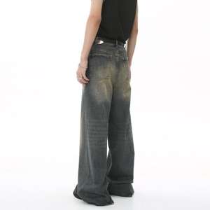 Jean homme délavé à l'acide, double épaisseur aux genoux, coupe décontractée, effet usé, style streetwear, coupe ample, jambe large, écologique, hiver, délavé à la pierre - Product Image 4