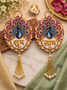 Decoración Artesanal 3D de Pavo Real Shubh Labh en MDF para Colgar en la Pared, Tradicional Decoración India para el Festival Diwali, Mandir Pooja, Hogar y Oficina, Venta al Por Mayor - Product Image 5