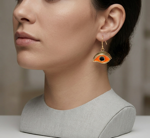 Pendientes artesanales de latón con esmalte naranja; protegen la felicidad y estimulan la creatividad con ganchos sin plomo. - Product Image 5