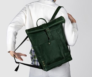 Symmetrical Design Leather <b>Roll</b> Top <b>Backpack</b> Clean Cut Rucksack For Minimalist Lovers Real Leather Bag LRTB-0187 - Product Image 3