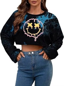 Women's Tie Dye Crop <b>Top</b> Long Sleeve O-Neck Knitted Sweatshirt Cartoon Smiley Print Y2K Style Autumn Wear - Product Image 3