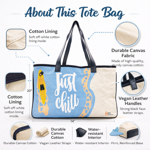 Eco Friendly <b>Canvas</b> Beach Tote <b>Bag</b> | Just Chill Print <b>Large</b> Capacity | Reusable Shopping Travel <b>Bag</b> PU Handle Shoulder Handbag - Product Image 5