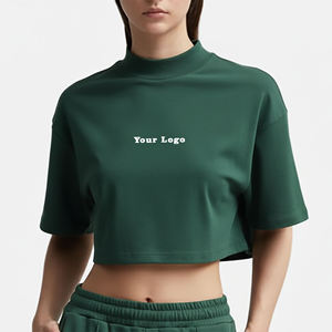 Top Corto de Cuello Alto Verde para Mujer con Logotipo Personalizado, Manga Corta, Color Sólido, Jersey de Algodón, Informal, Transpirable, Tejido, Primavera Verano - Product Image 4