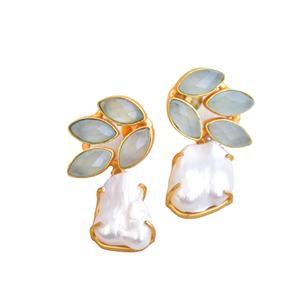Pendientes de Racimo de Latón Premium, Chapados en Oro, con Perla, Cristal Curativo Genuino, Latón Chapado en Rodio, Estilo Moderno, Venta al por Mayor - Product Image 1
