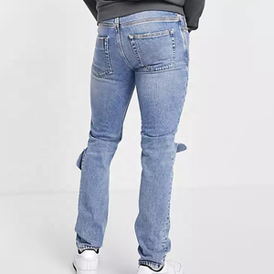 Jeans de Mezclilla Personalizados de Alta Calidad, Corte Regular, 100% Algodón, Transpirables, para Hombre, Lavado Desgastado, Estilo Urbano, Color Azul - Product Image 2
