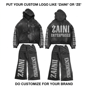 ZAINI Premium 350 GSM 100% Cotton Fleece Black Oversized Panel Men's Winter Streetwear Tracksuit Custom Screen Print Puff <b>Set</b> - Product Image 1