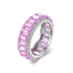 Women's 925 <b>Silver</b> Rhodium Plated Morganite Eternity Band <b>Ring</b> <b>Emerald</b> Cut Channel Setting Luxury Fine Jewelry - Product Image 4
