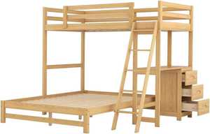 Cama litera doble de madera de pino maciza tradicional con 3 cajones de almacenamiento, escritorio integrado, barandilla y escalera, duradera, para niños y niñas - Product Image 4