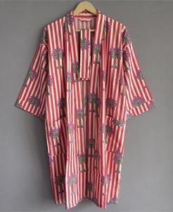 Robe Kimono en Coton à Imprimé Tropical, Rayures Rouges et Blanches, Motif Palmier, Coupe Ample, Manches Trois-Quarts, Robe Maxi Casual - Product Image 1