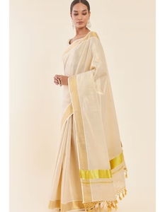 Sari en soie Kasavu KV Gold Tissue avec pallu et bordure Zari, réversible et infroissable, chemisier non cousu inclus - Product Image 6