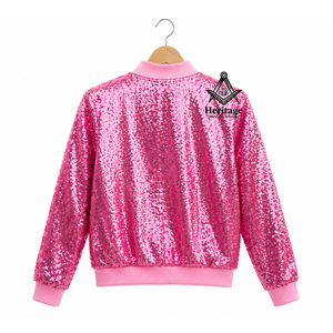 Veste universitaire maçonnique pour femme, style régalia, à sequins, rose scintillant, type bomber, à manches longues, avec fermeture éclair, vêtement grec - Product Image 2