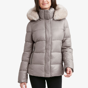 Women's Taupe Quilted Puffer Jacket With Fur Trim Hood Full Sleeve Winter Warm <b>Coat</b> <b>Zipper</b> Closure Regular Length - Product Image 1