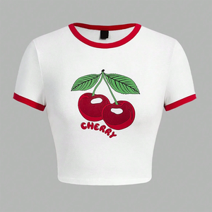 <b>White</b> Short Sleeve Crop Top O-Neck <b>Slim</b> <b>Fit</b> Knitted Men's T-<b>Shirt</b> With Red Contrast Trim Casual Solid Design - Product Image 2