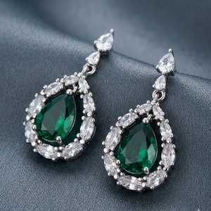 Green Hydro Dangle Earrings 5 Inch Length Pear Cut with CZ 925 <b>Sterling</b> <b>Silver</b> 18K Gold Plated Statement Jewelry - Product Image 4