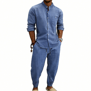 Ensemble chemise et pantalon décontracté rayé noir pour homme, tenue d'été en deux pièces tissée, tricot gaufré respirant 400g - Product Image 4