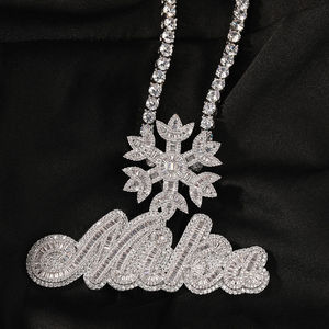 <b>Custom</b> Hiphop Iced Out Round Brilliant Cut Moissanite <b>Name</b> Pendant Snowflake Charm <b>Necklace</b> Unisex Party Silver Jewelry - Product Image 5