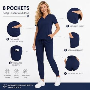 Ensemble de blouses médicales bleu marine pour femmes, manches courtes, col en V, tricot en coton et polyester, uniforme d'hôpital pour les professionnels de la santé - Product Image 4