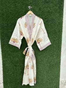 Handmade Cotton Kimono Robe V-neck Long Sleeve Full Length Boho Beach Cover Lightweight Block Print Spring Summer Womens <b>Lounge</b> - Product Image 5