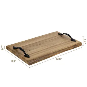 Wooden Serving Tray Rectangle Solid Minimalist Design Handmade with Metal Handles for Dishes & <b>Plates</b> - Product Image 2