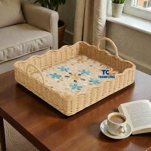 Hot <b>Sale</b> SCALLOPED MOTHER OF PEARL RATTAN TRAY Handmade Decor <b>For</b> Wholesale Buyers Seeking Premium Quality PEARL INLAY TRAY - Product Image 1