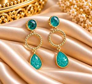 Boucles d'oreilles pendantes pour femme en laiton plaqué or, agate taille poire, motif floral sculpté, serti clos en forme de goutte - Product Image 3