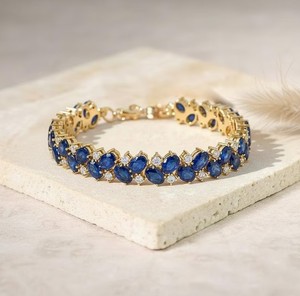 Oval Cut Lab Grown Blue Sapphire Stone <b>Gold</b> Plated Sterling Silver Luxury Charm Bracelet Elegant Gemstone Jewelry Gift for Women - Product Image 2