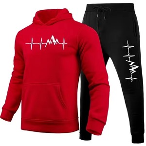 Ensemble survêtement décontracté pour homme : sweat à capuche bordeaux et pantalon de jogging noir, imprimé Cœur de Montagne, longueur intégrale, en coton respirant - Product Image 2