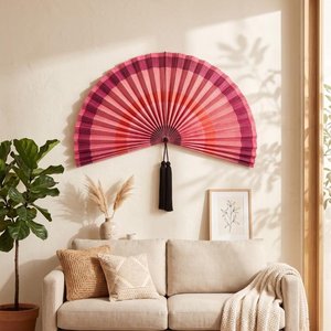 Grand ventilateur mural en bambou décoratif, éventail tissé rose fait main, à suspendre pour la décoration du salon, de la chambre, de l'hôtel ou du café - Product Image 6