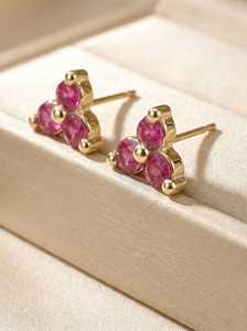 Pink Sapphire <b>Stud</b> Earring 925 Sterling <b>Silver</b> 14K Gold Plated Cluster Prong Set September Birthstone Gift - Product Image 6