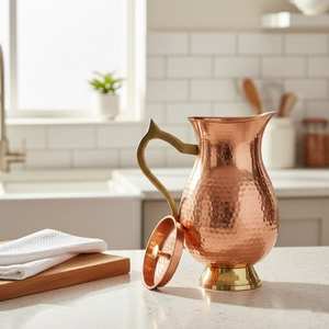 Pichet à boisson authentique en cuivre pur avec poignée en laiton, robuste, pour servir l'eau, le jus, le lait, vaisselle de cuisine, restaurant, hôtel - Product Image 3