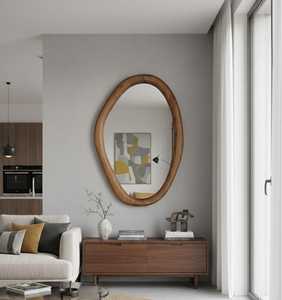 Miroir mural moderne en bois massif en forme d'œuf, miroir d'appoint ovale asymétrique avec cadre en bois, décoration esthétique pour salon, pièces de verre - Product Image 2