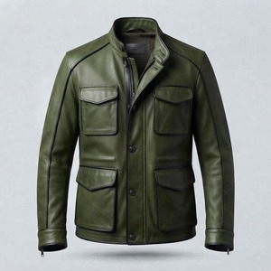 Veste en cuir vert olive pour homme, col montant, style motard, avec poches, coupe classique, pour l'automne - Product Image 1
