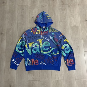 2026 Printed Hooded Zipper Sweatshirt Men's Oversized Streetwear Blue Letter Pattern Autumn Knitted Polyester - Product Image 1