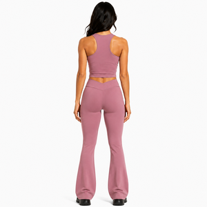 Conjunto Deportivo de Dos Piezas para Mujer: Top Corto con Cuello en V y Leggings Acampanados con Cintura Cruzada, Ropa Deportiva, Traje de Yoga, Conjunto de Fitness - Product Image 2