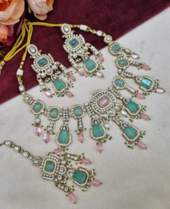Handcrafted Radiant Cut Stone Designer <b>Necklace</b> With Earrings And Mangtika For Women Traditional Ethic Wear Jewellery Collection - Product Image 1