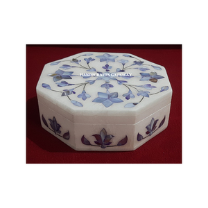 Boîte à bijoux rectangulaire en marbre blanc poli fait main avec incrustation de nacre bleue, utilisée pour la revente et les cadeaux - Product Image 6