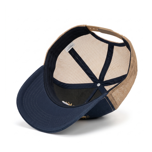Gorra de béisbol trucker de malla azul marino con logo de sol y nube bordado personalizado premium, de 6 paneles, con cierre snapback, para hombres y mujeres, para exteriores. - Product Image 6