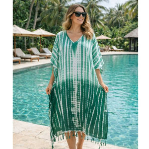 Caftán Largo de Viscosa con Estampado Tie-Dye, Estilo Bohemio, Ecológico, Cuello en V, Transpirable, Asimétrico, Fabricado por el Fabricante - Product Image 1